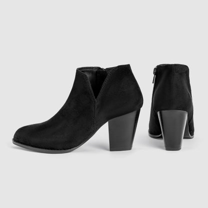 Suede V Cut Side Zipper Round Head Chunky Heel Ankle Boots