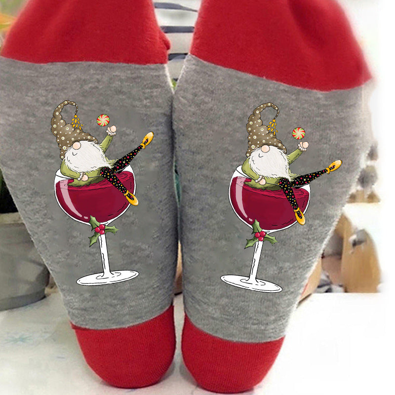 Red Wine Glass Casual Mid-calf Colorblock Breathable Long Socks