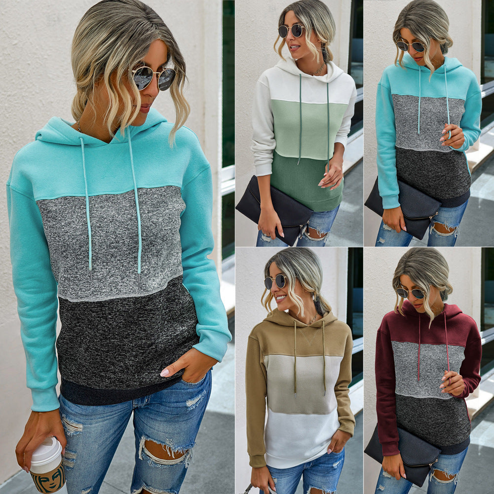 Stitching Hooded Rope Pullover Women Sweater