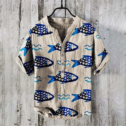 Camisas de lino de manga corta informales con estampado de peces