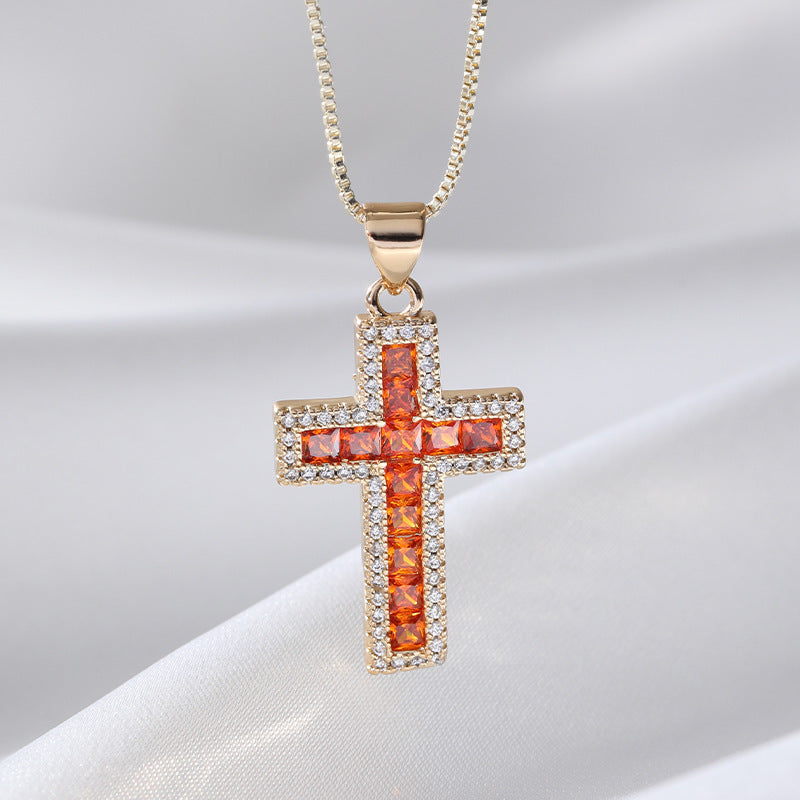 Copper Micro Inlaid Zircon Cross Necklace Religious Design Hip Hop Style