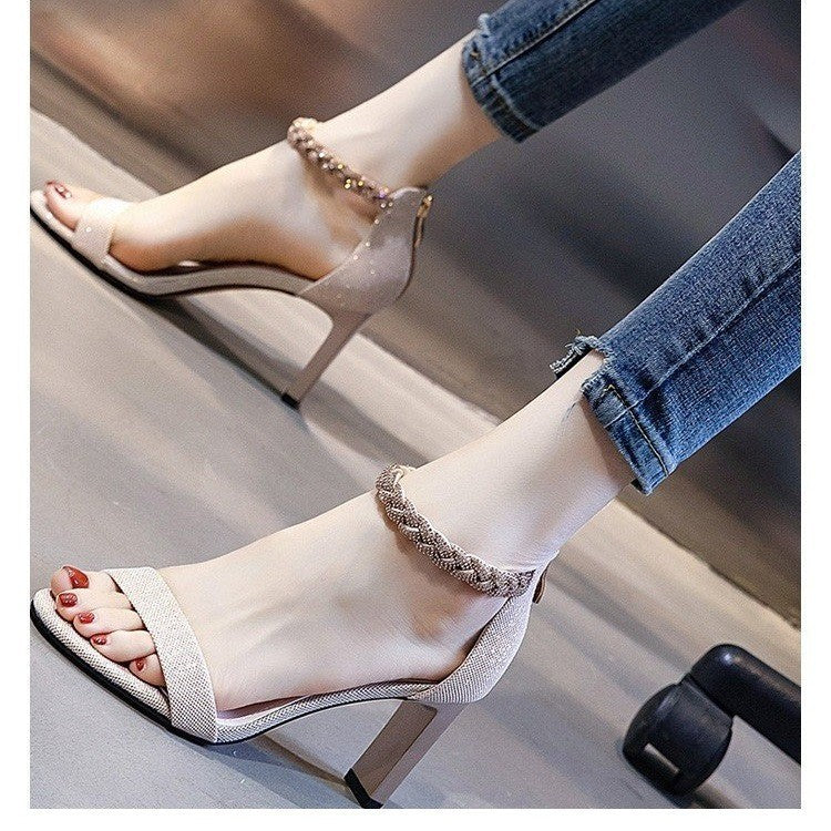 Rhinestone Thick Heeled Sandals