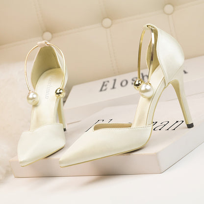 Satin Hollow-out Pointed Toe Metal Strap Sandals