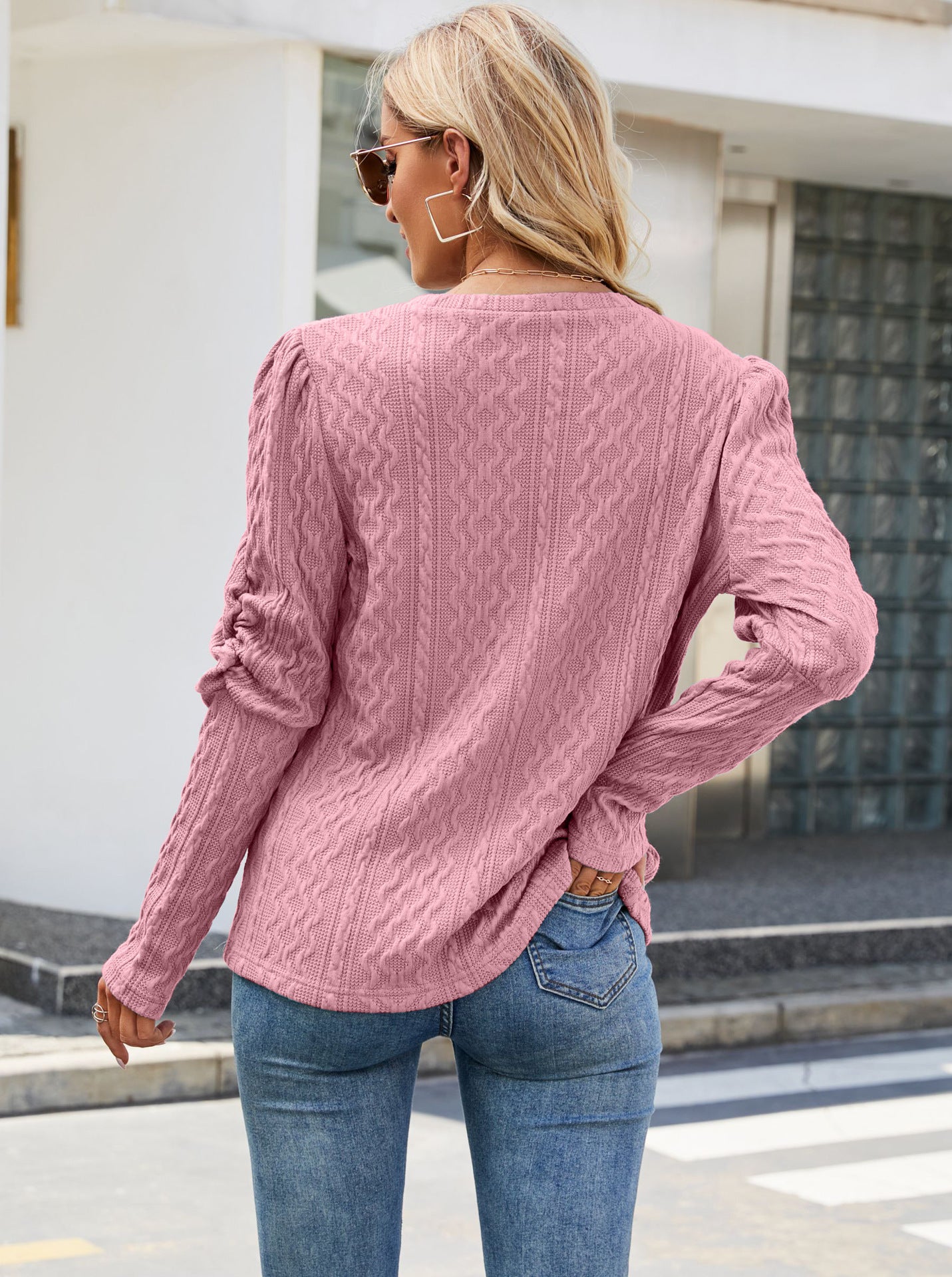 Solid Color Jacquard Round Neck Puffed Sleeve Knitted Sweater For Women