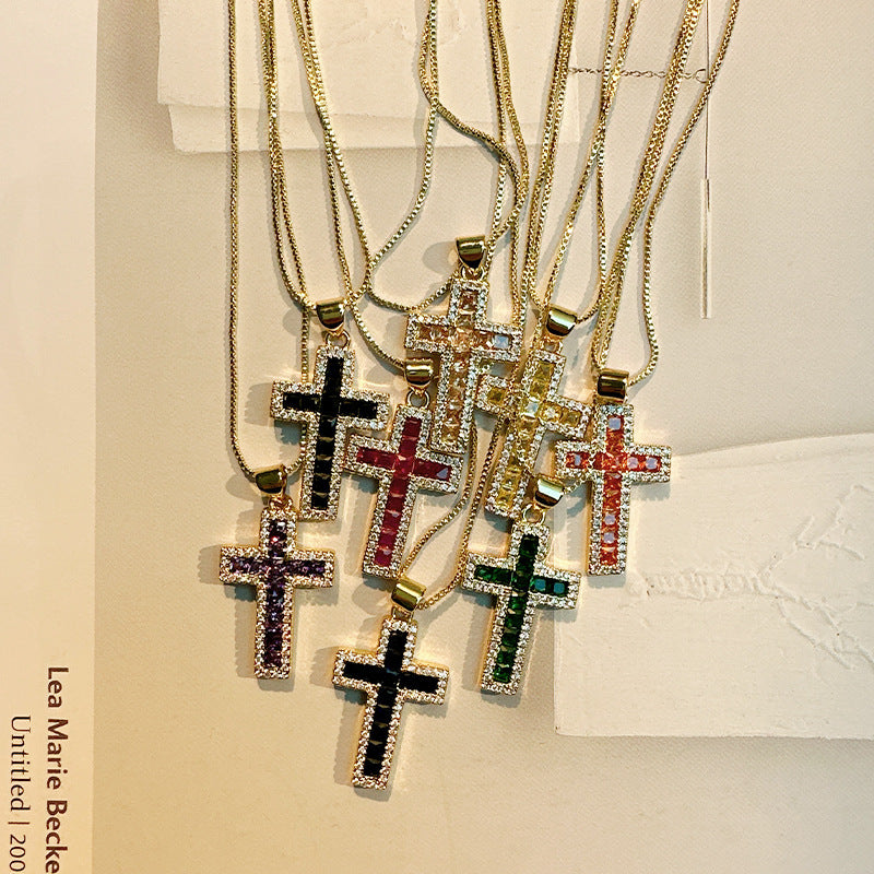 Copper Micro Inlaid Zircon Cross Necklace Religious Design Hip Hop Style