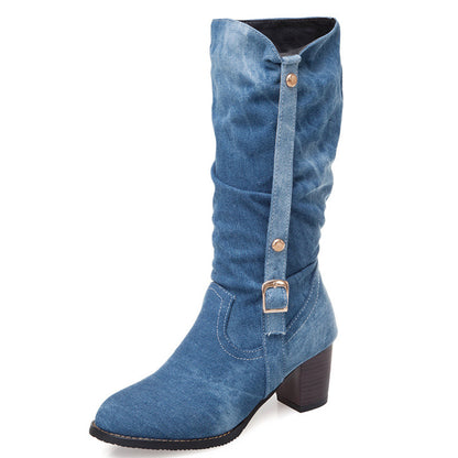 Middle Denim Women's High Heels High Boots