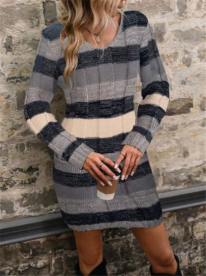 V-neck Color-block Double Pocket Knitted Slim Fit Sweater Dresses