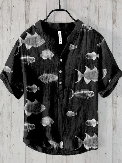 Camisas de lino de manga corta informales con estampado de peces