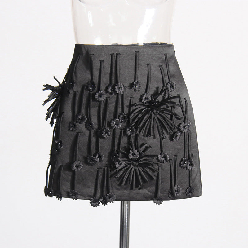 High Waist Slimming Jacquard Tassel Design Skirt