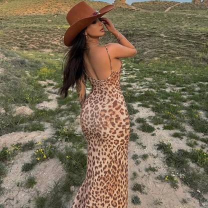 Leopard Print Slim Fit Sexy Backless Spaghetti Straps Dress