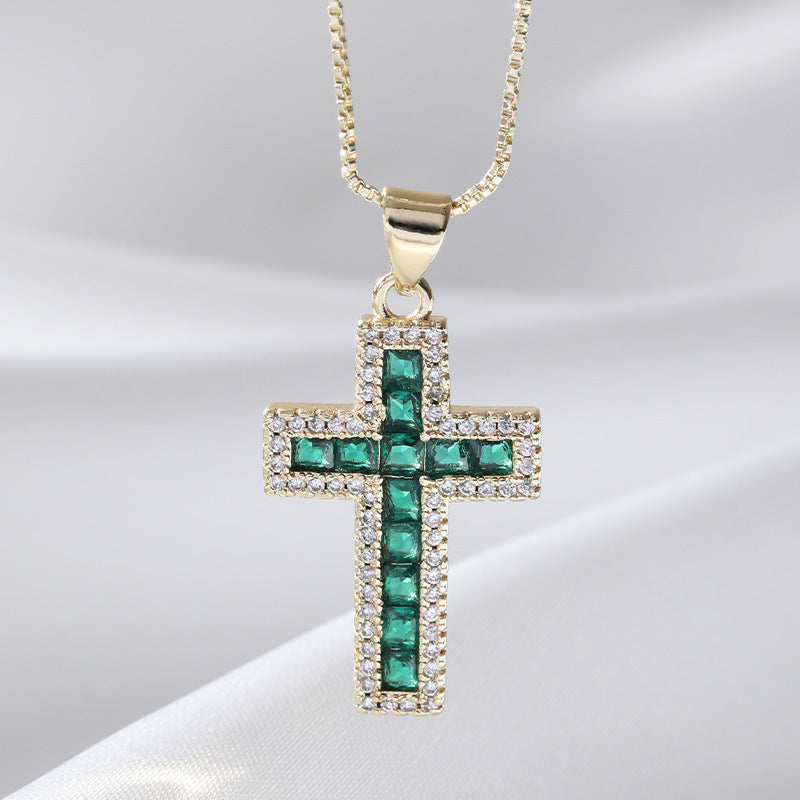 Copper Micro Inlaid Zircon Cross Necklace Religious Design Hip Hop Style