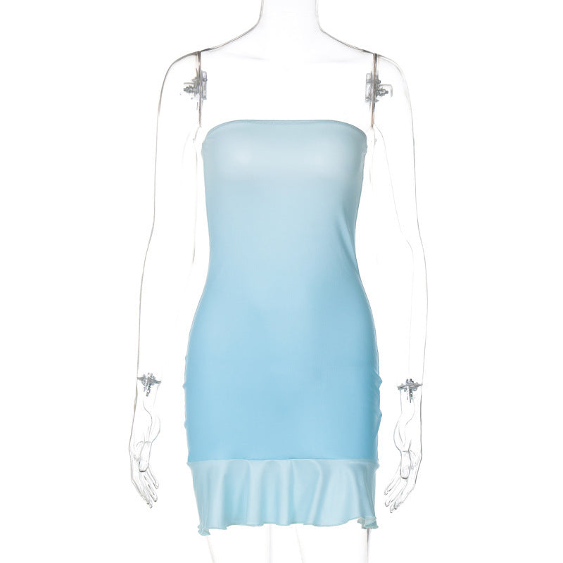 Skyblue Color Sleeveless Tube Top High Waist Sheath Dress