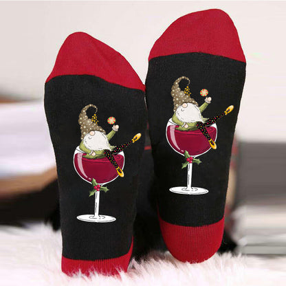 Red Wine Glass Casual Mid-calf Colorblock Breathable Long Socks