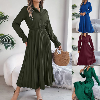 Leisure Lapel Button Long Sleeve Cinched Pleated Dresses