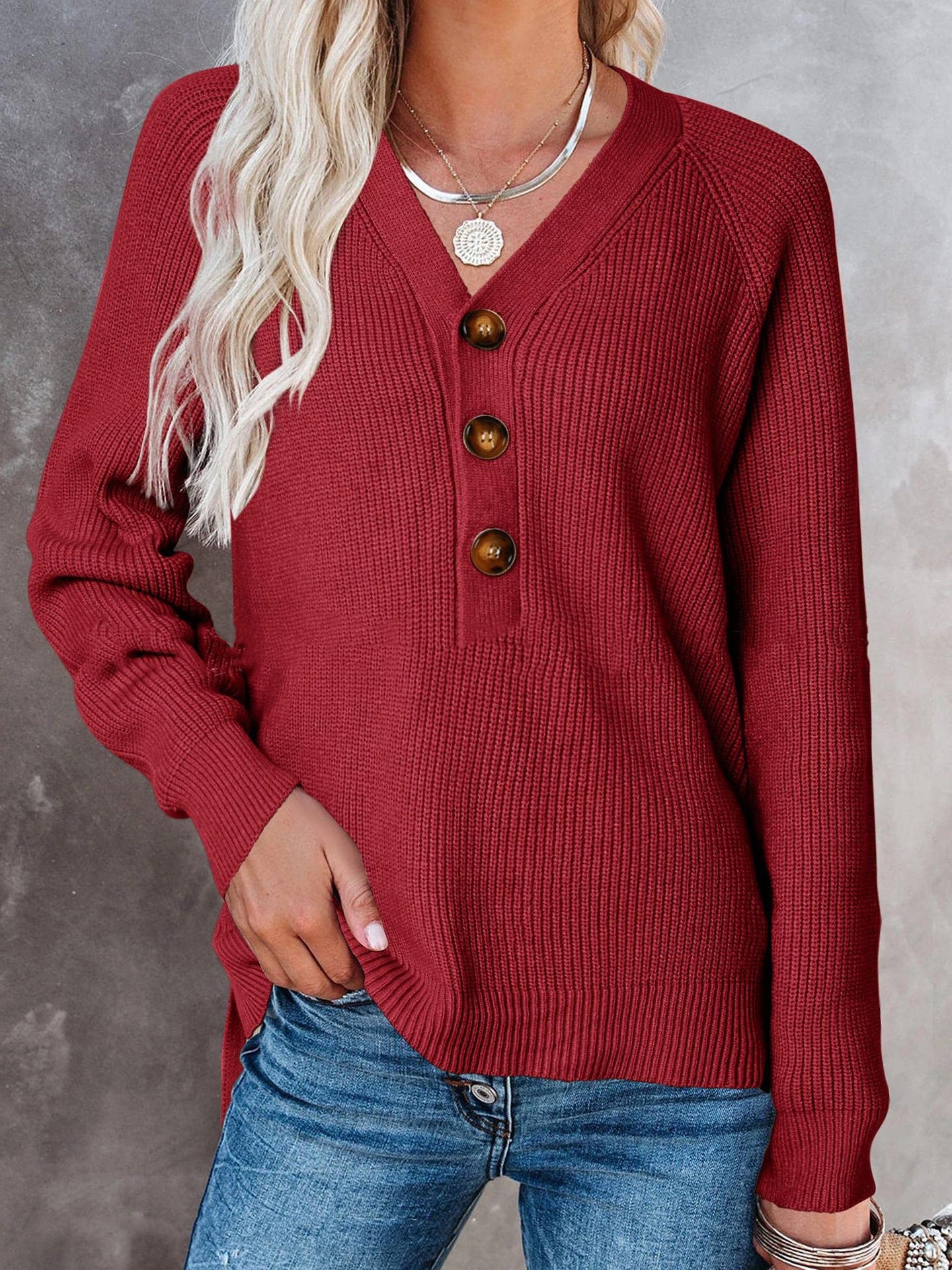 Button Knitted V-neck Sweaters