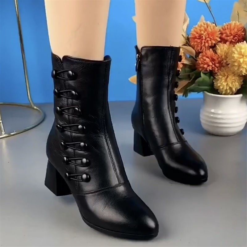 Decorative Button Zipper Non-slip Black Boots