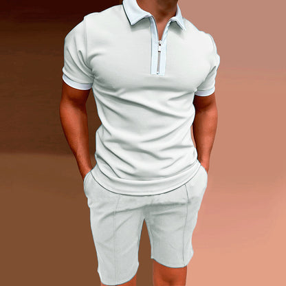 Slim-fit Zipper Lapel Pullover Men's Polo Shirts + Shorts