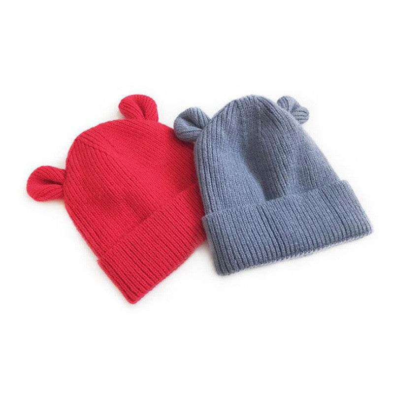 Children's Bear Ears Knitted Cuffed Solid Color Dome Warm Hat