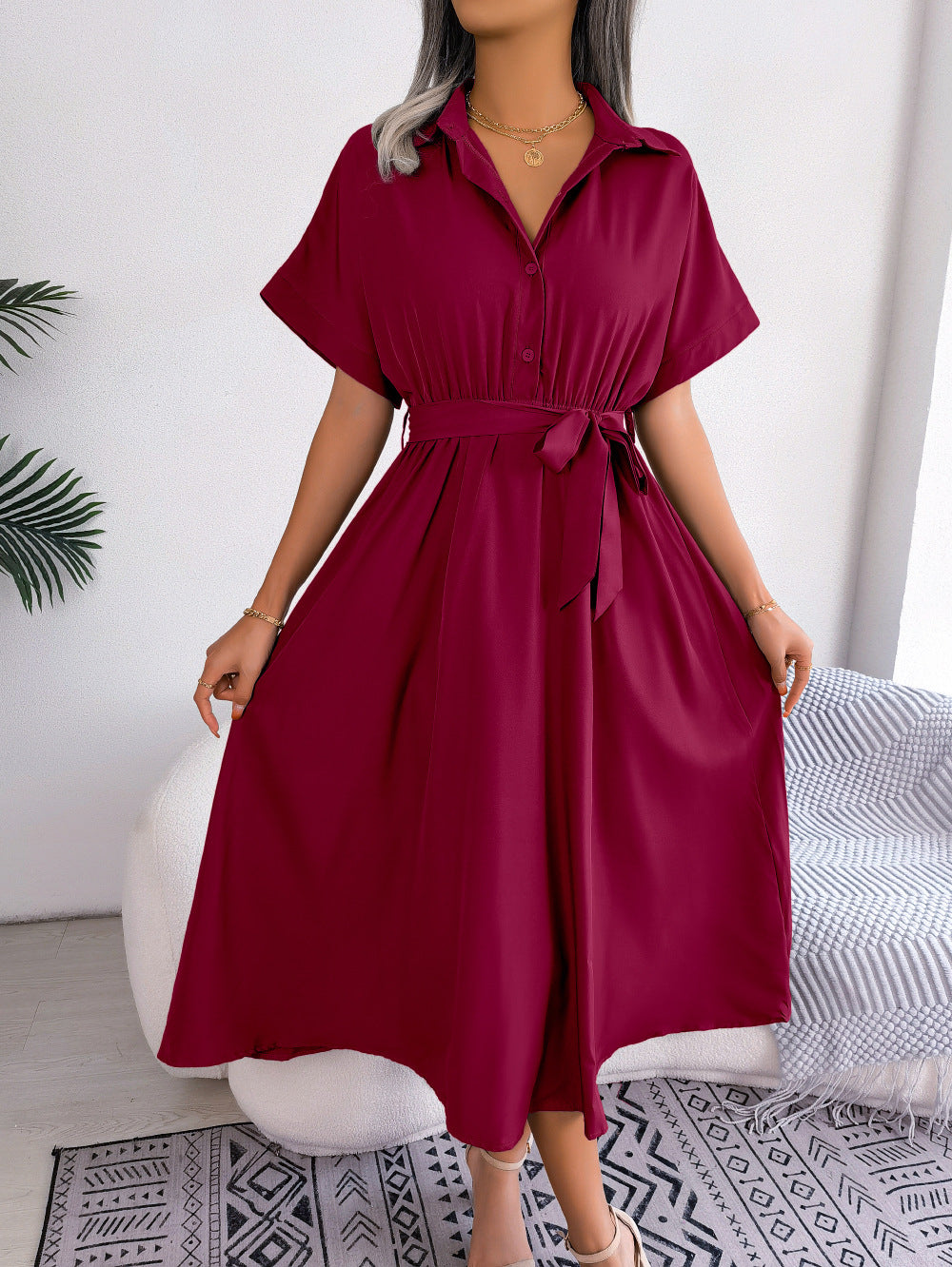 Leisure Loose Pure Color Tied Shirtdresses