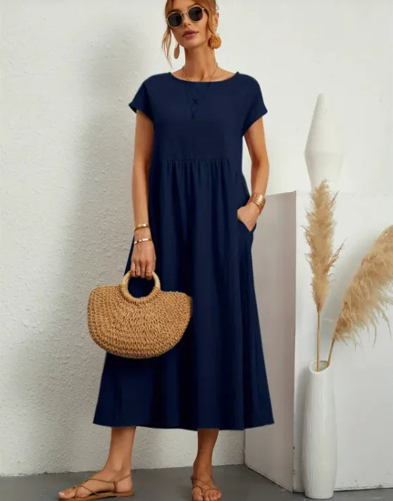 Solid Color Sleeveless Cotton-Linen Pocket Dresses