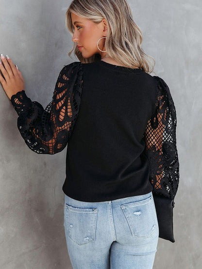 Lace Stitching Hollow Sleeve Round Neck Sweaters