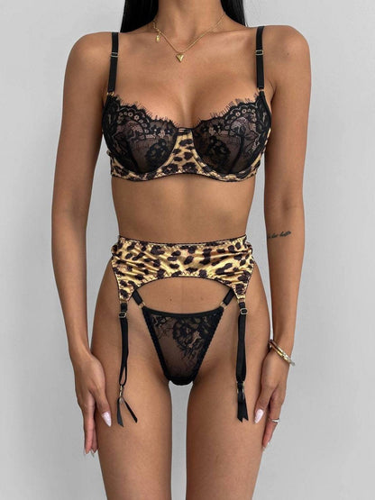 Leopard Print Stitching Lingerie Three-piece Set