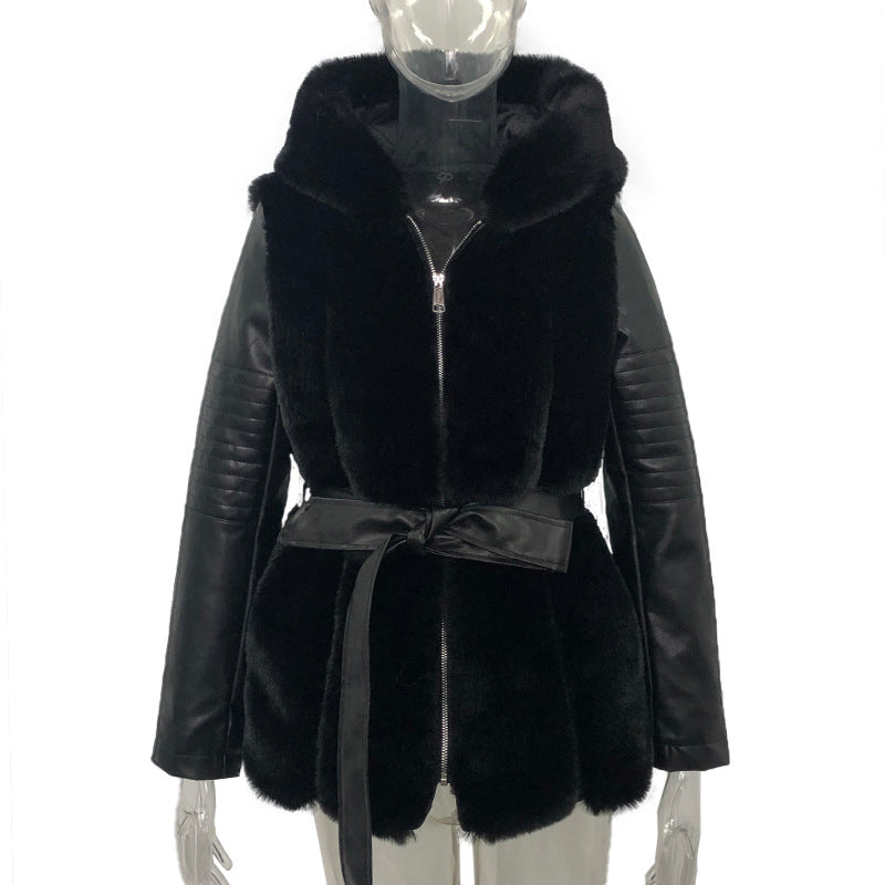 Fur hooded jackets with belt