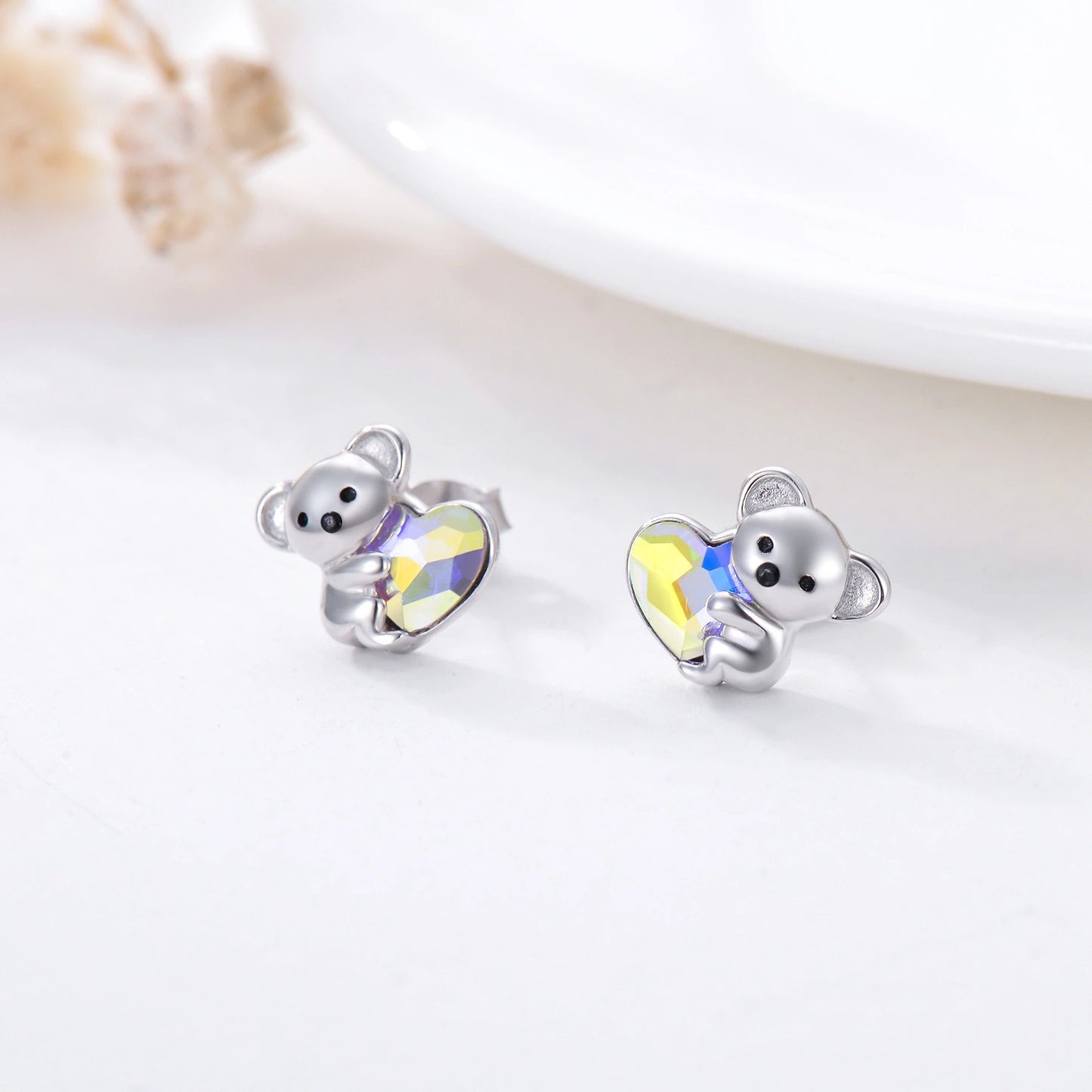 Silver Koala Bear Heart Crystal Earrings