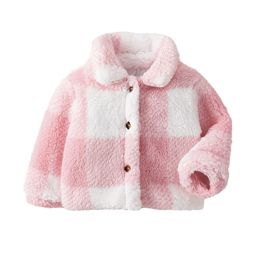 Girls' Lapel Plaid Velvet Coats