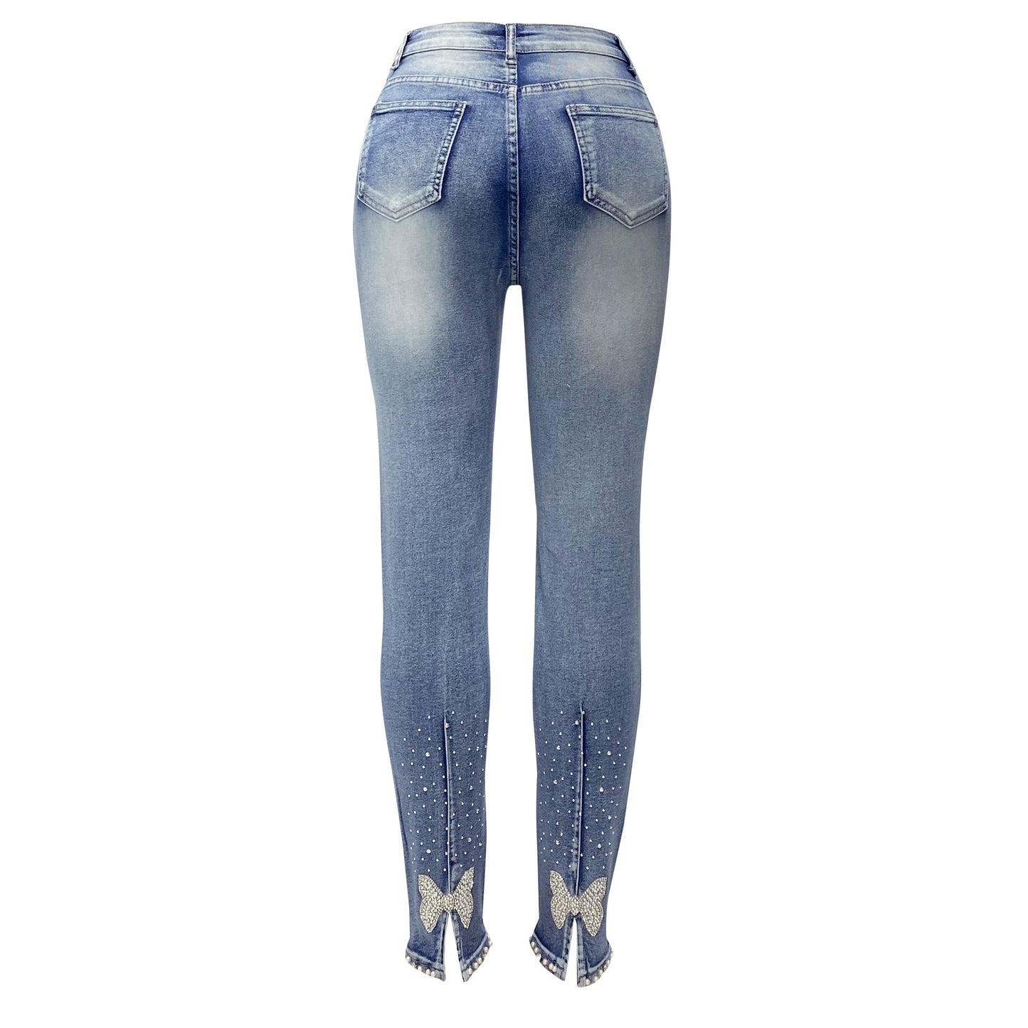 Damen Jeanshose mit hoher Taille und Perlenbesatz, schmal zulaufende Hose