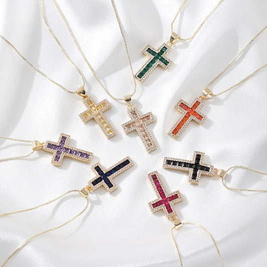 Copper Micro Inlaid Zircon Cross Necklace Religious Design Hip Hop Style