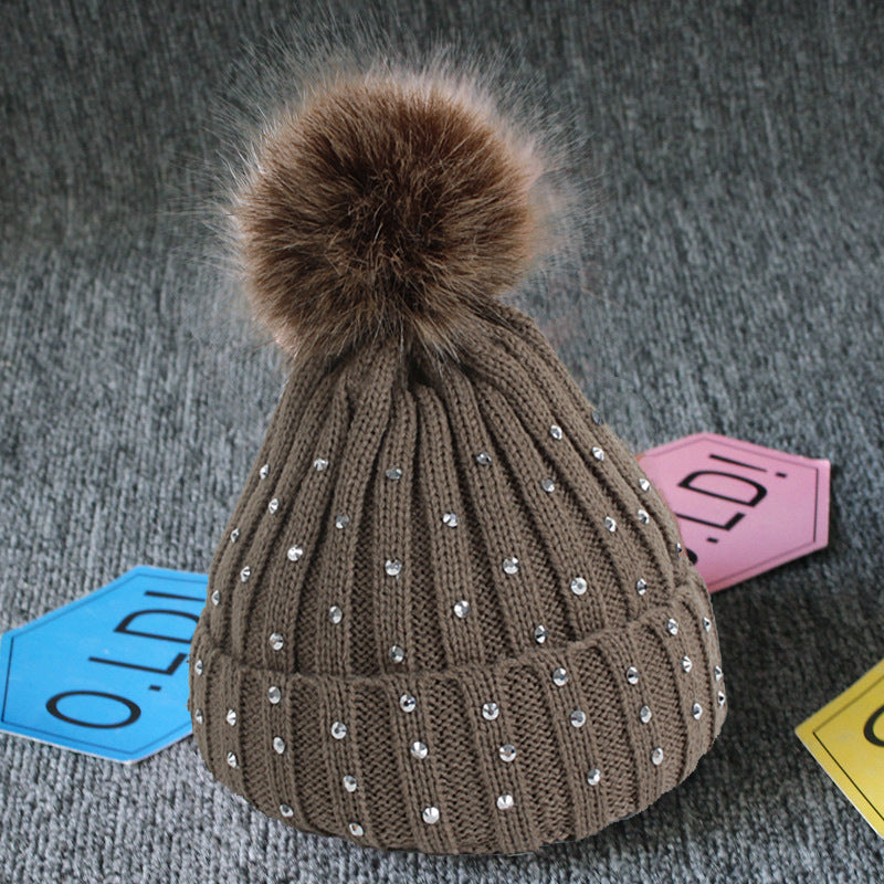 Children's Woolen Knit Hat With Big Hair Ball