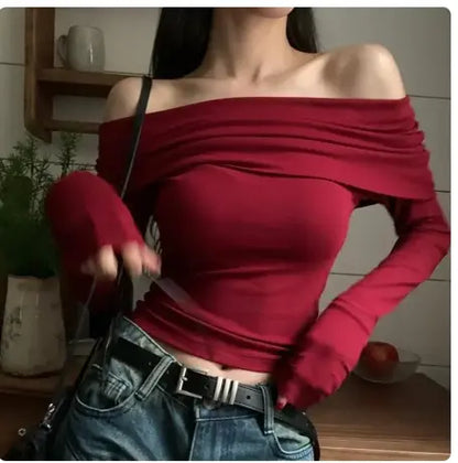 Women Slash Neck Slim Long Sleeve