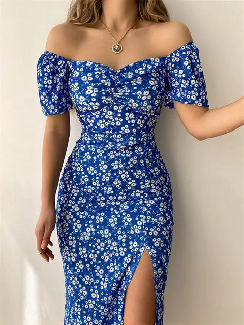 Floral Print Short Sleeve Hip Wrap Party Dresses