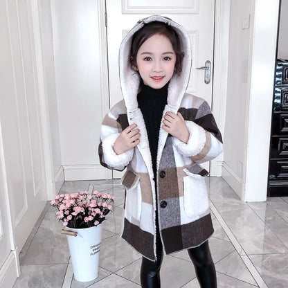 Girl's Plaid Thick Lamb Woolen Coats