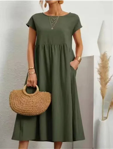 Solid Color Sleeveless Cotton-Linen Pocket Dresses