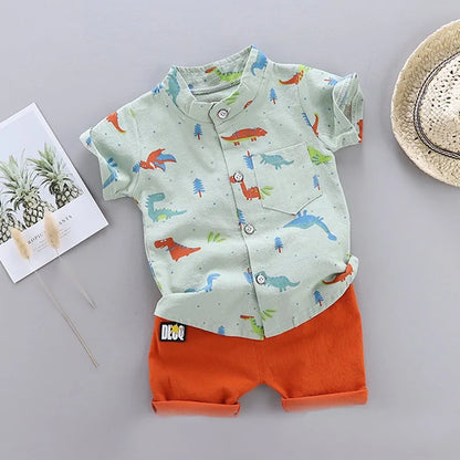 Cartoon Dinosaur Print Toddler Boy Summer Set: Shirt + Pants