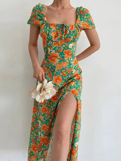 Floral Print Short Sleeve Hip Wrap Party Dresses