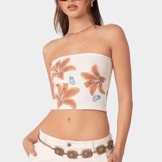 Butterfly Print Strapless Tube Tops