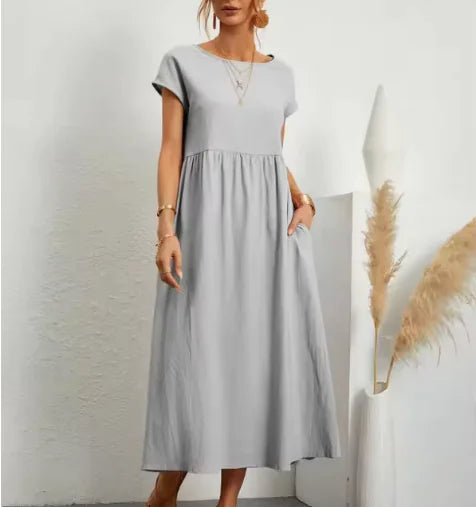 Solid Color Sleeveless Cotton-Linen Pocket Dresses